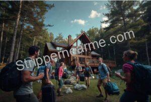 group arriving at a large cabin in the Poconos for a bachelor party weekend