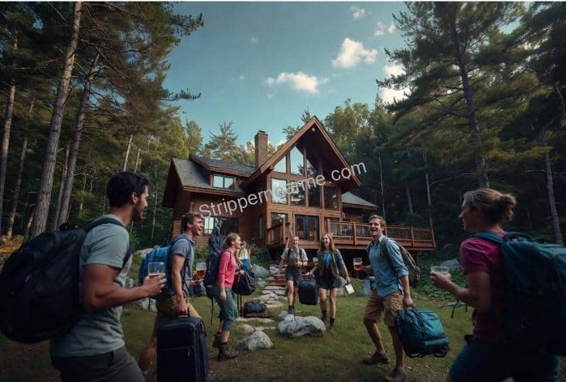 group arriving at a large cabin in the Poconos for a bachelor party weekend
